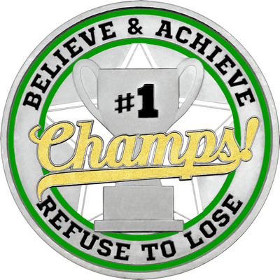 Gold "Champs!" with Green Outer Circular Borders